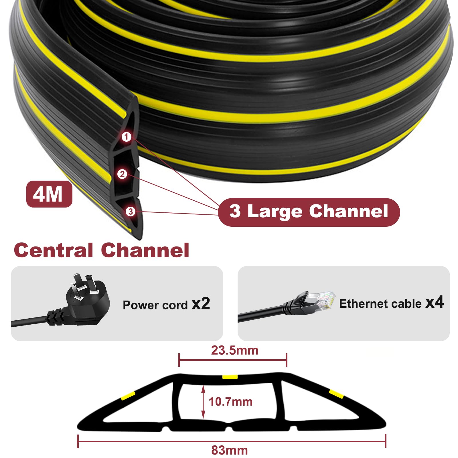 Cubierta de cable de piso, protector de cable de suelo de 4 m, cubiertas de alambre de goma resistente para ocultar cables con 3 canales de cable u hogar, oficinas, minoristas, gimnasios y garajes