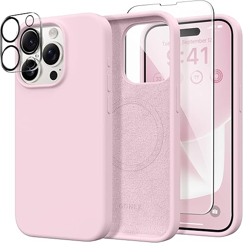 Miniatura 275 de GONEZ Funda de silicona para iPhone 14 Pro Max, compatible con MagSafe, con protector de pantalla + protector de lente de cámara, silicona líquida a