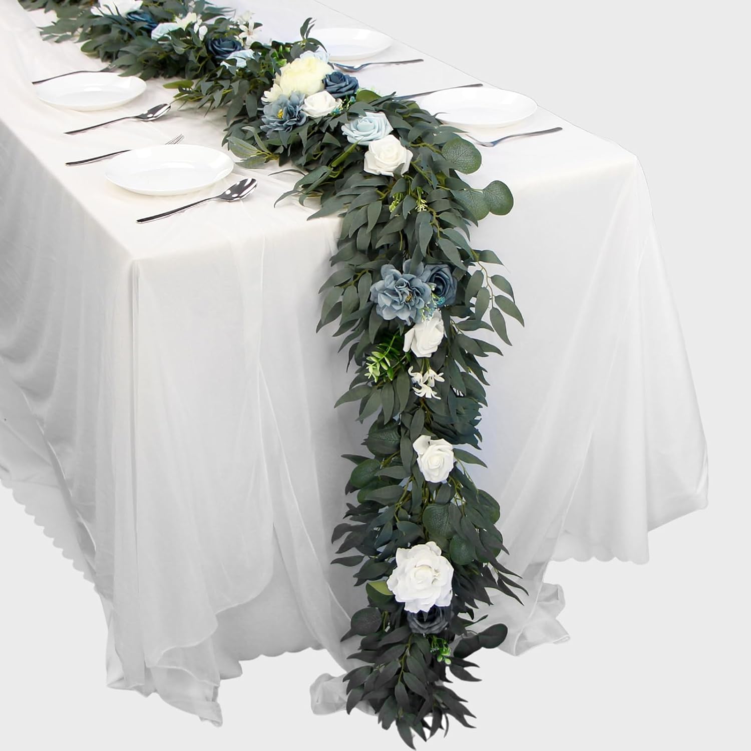 6FT Artificial Eucalyptus Garland with Flowers, Faux Floral Greenery Garland for Table Decor Wedding Home Party Decorations