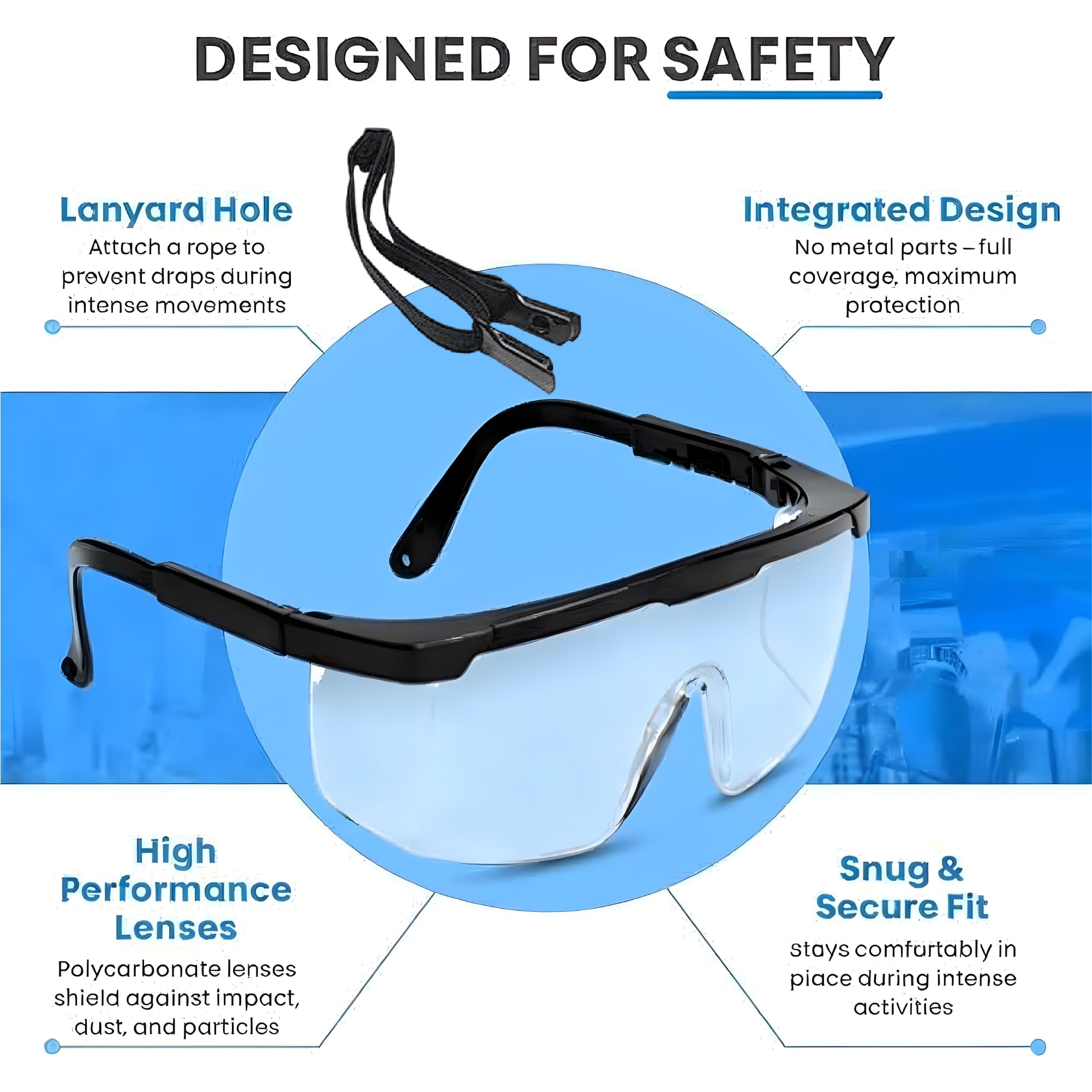 Gafas de seguridad, lente de cobertura completa, protector de cejas integrado, resistentes a los rayos UV, antivaho, antiarañazos, resistentes a los impactos, marcos laterales ajustables