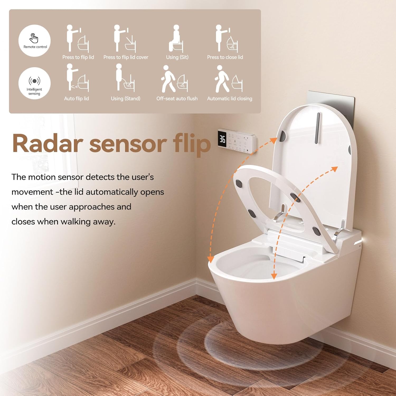 MEJE #MZE014P - Intelligent Wall-Hung Toilet, One-piece Elongated Smart Toilet with Bidet Built in,Heated Seat, Warm Air Dryer,Auto Flush, Auto Open and Close, Remote Control, Night Light, White