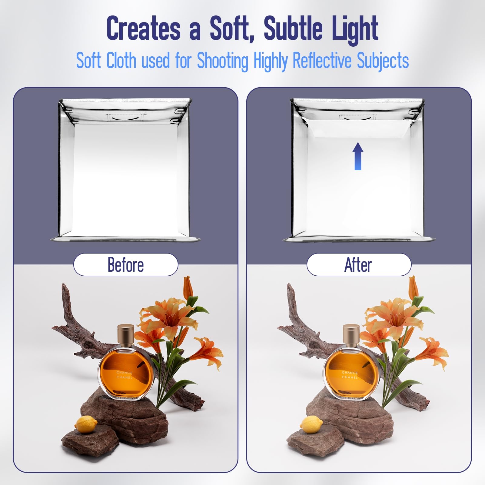EMART Light Box Fotografia 60cm/24x24 pollici dimmerabile Photo Box con 5 prodotti ftotografia fondali & 3 colori luce per alimenti, gioielli, fotografia di prodotti da studio