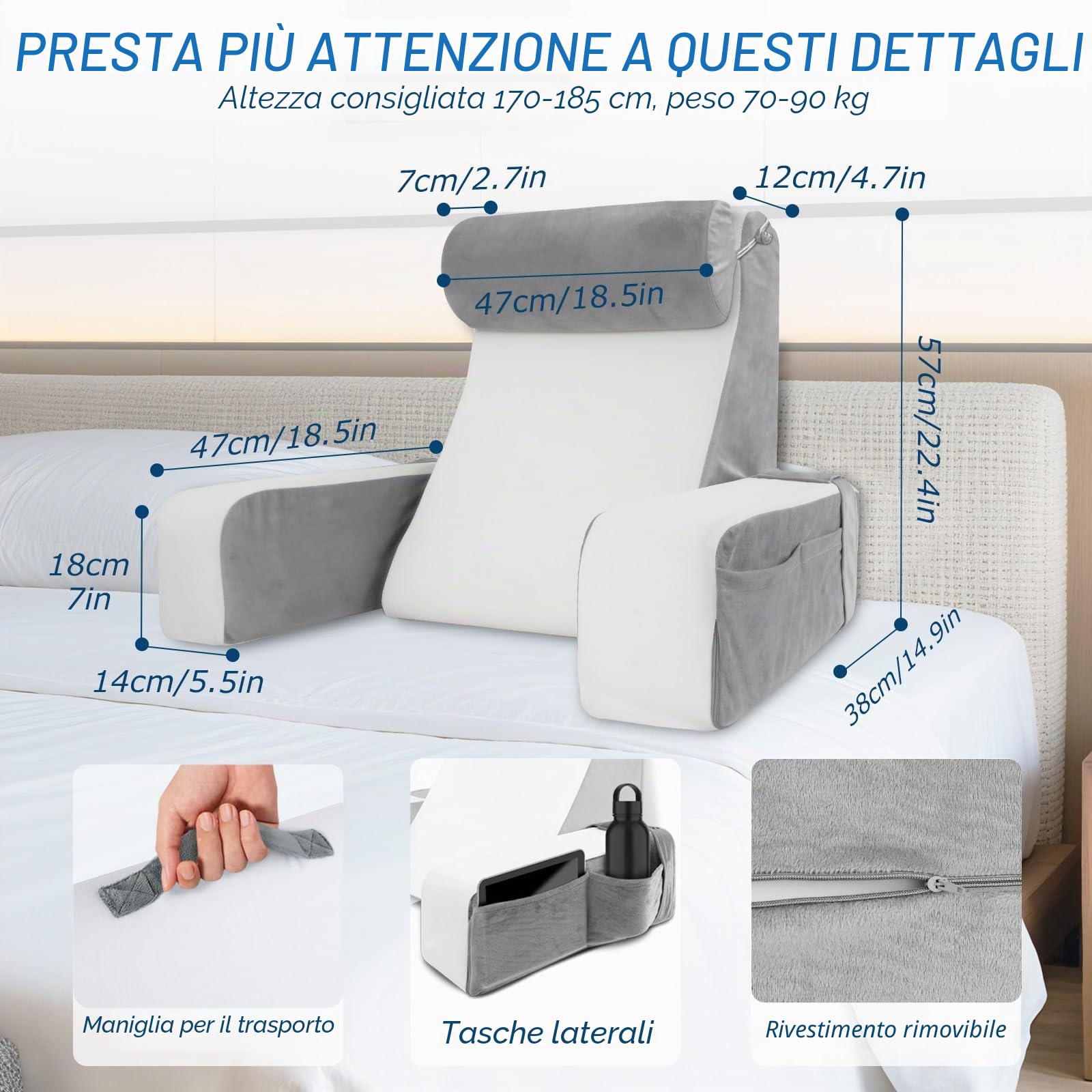 HOMCA Cuscino da Lettura per Letto e Divano con Cuscino per il Collo e Braccioli Rimovibile, Cuscini per Leggere/Rilassarsi/Guardare La TV, con Tasca e Fodera Lavabile (38x47x57cm)