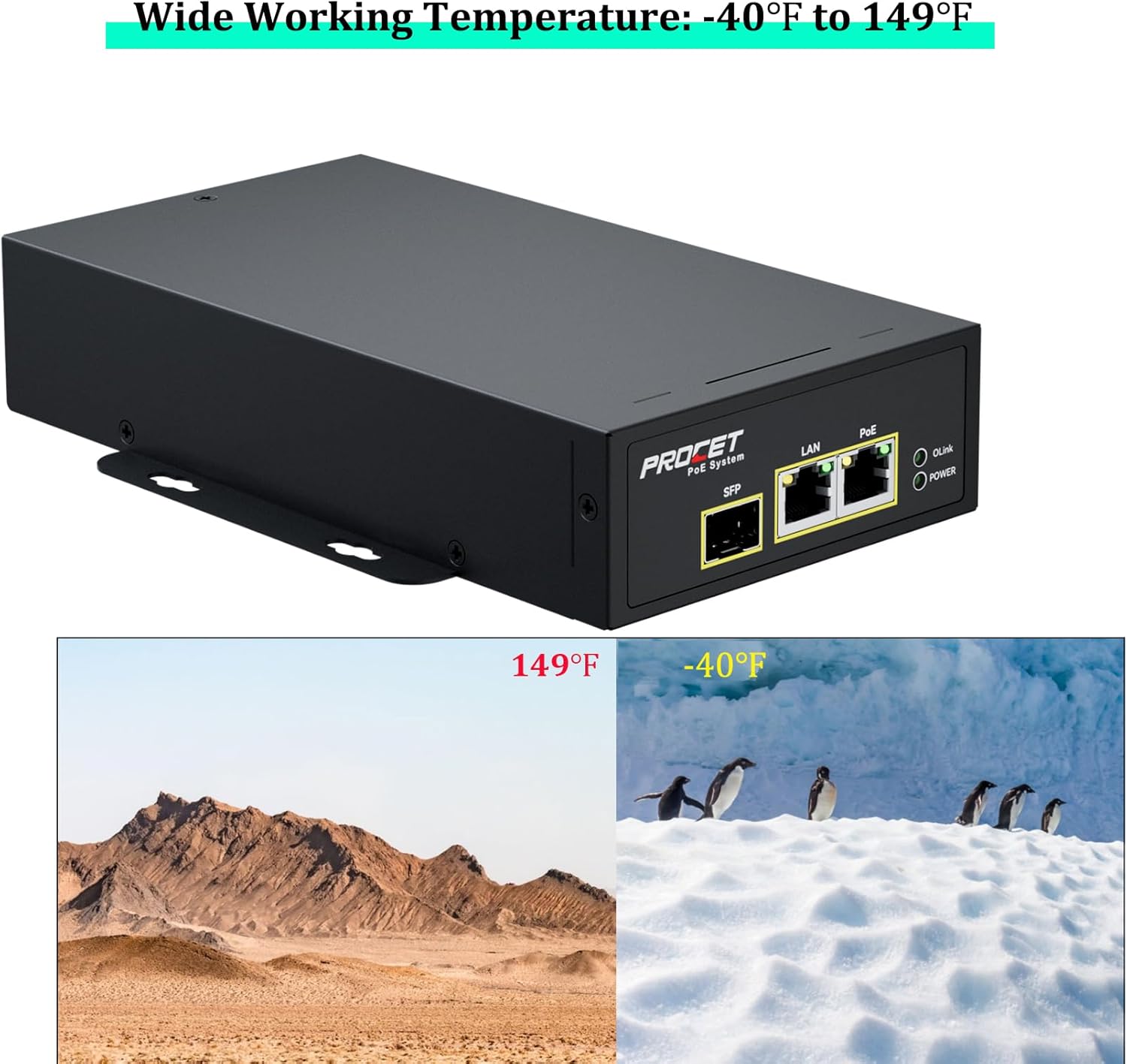 PROCET 60W Gigabit PoE Injector SFP Fiber Uplink PoE++ Power Supply, 6KV Surge Protection, -40℉ to 149℉ for eero PoE 7, UniFi U6-Enterprise, U7/ Pro Max/XG, Sisco Access Point, PTZ/ AI Camera, Kiosks