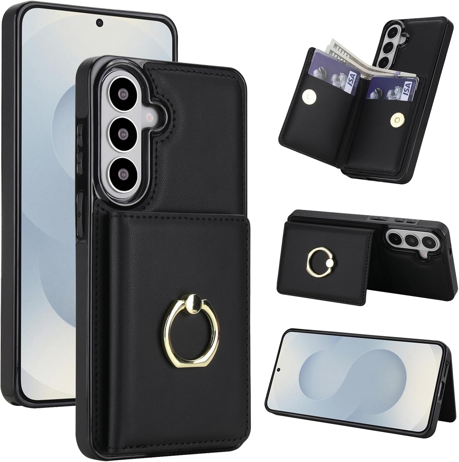 Mobile Phone Case for Samsung Galaxy A57 5G [RFID Protection] Case PU Leather Folding Wallet with 360° Rotating Ring Holder Stand Protective Wallet [Card Slot] Mobile Phone Case Cover - Black