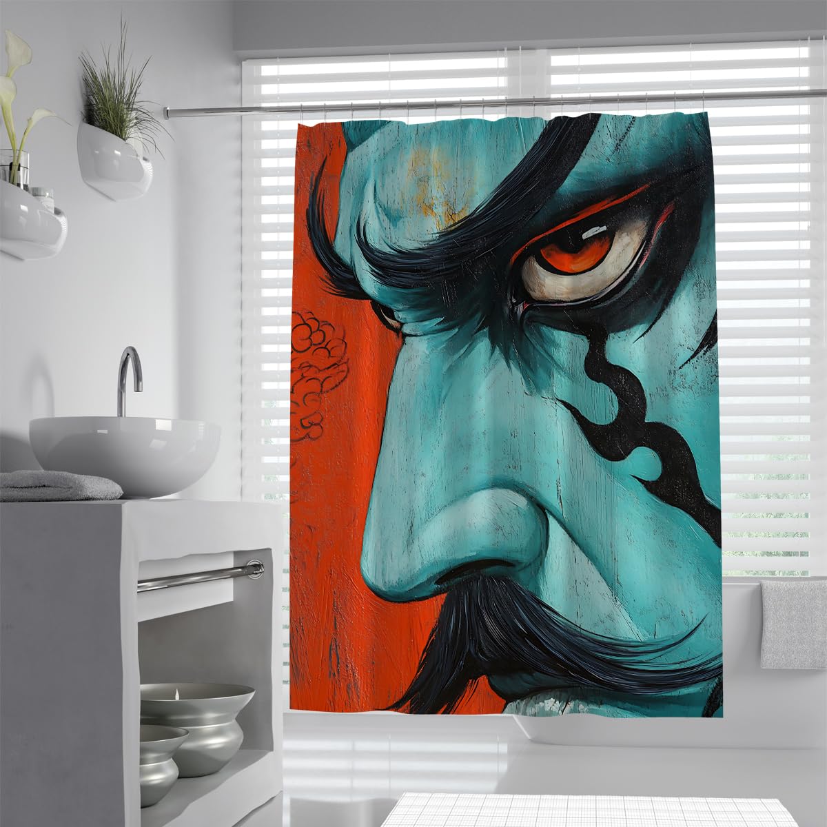 UIRINGART Japanese Samurai Warrior Shower Curtain W160xL200cm Oriental Graphic Blue Angry Face Anti Mould Mildew Resistant Waterproof Fabric Bathroom Curtains with Hooks for Wet Room