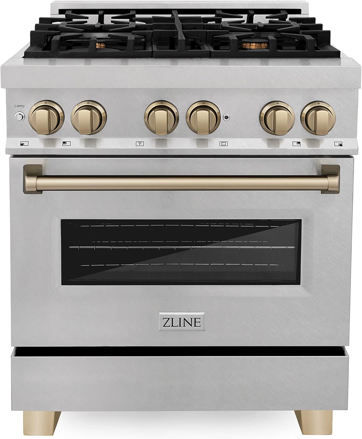 ZLINE Autograph Edition 30 in. 4.0 cu. ft. Legacy Dual Fuel Range with 4 Burner Gas Cooktop and Electric Convection Oven in Satin Stainless Steel and Champagne Bronze Accents (RASZ-SN-30-CB)