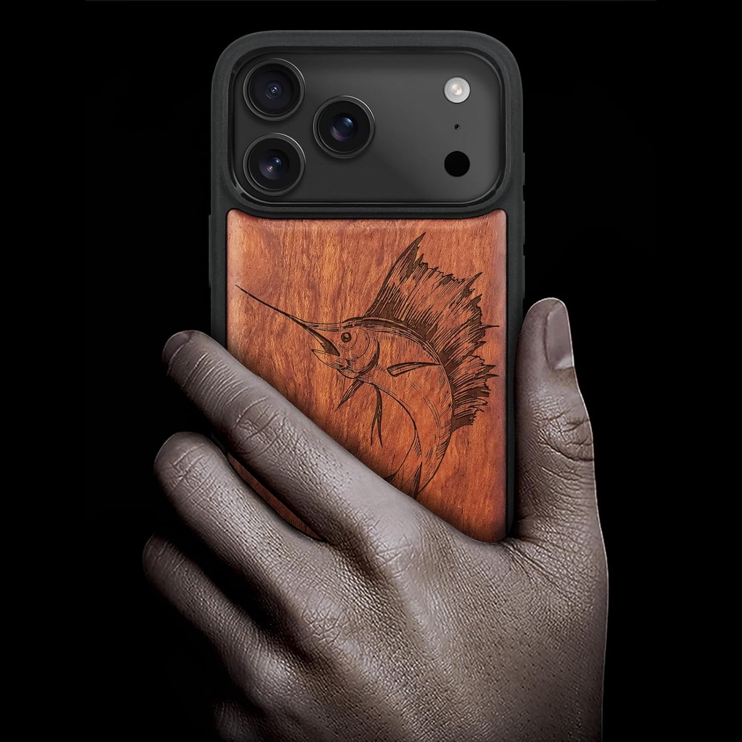 Carveit Magnetic Wooden Case for iPhone 17 Pro Case, Wood Artisan Engraved & Black Soft TPU Shockproof Cover, Compatible with MagSafe Wireless Chargers (The Soaring Marlin) Rosy
