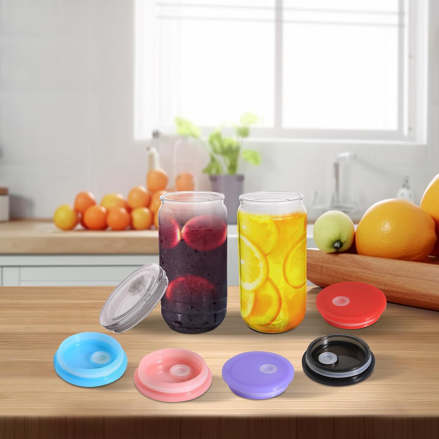 16oz Drinking Clear Cups with Chroma Lids, Clear Plastic Mason Jar Acrylic Cups, Shatterproof Drinking Jars for Smoothies, Cold Brew, Beer, Coffee, Milk Tea (6 Pack, Multicolor Lids) - Image 5