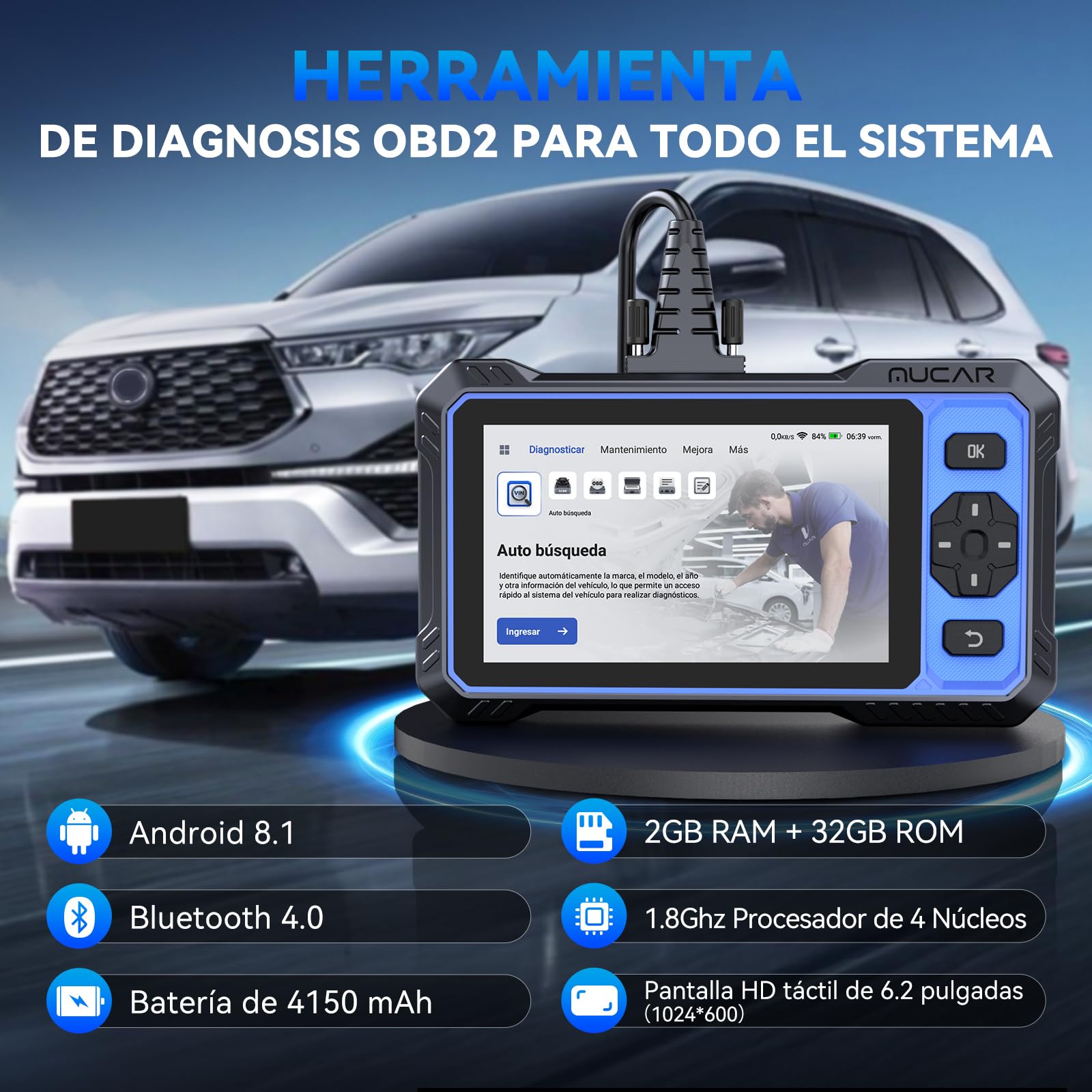 OBD2 Diagnosis, MUCAR 682 Diagnosis Coche Multimarca de Todos Sistema, Diagnosis Coche con 20 Funciones de Reinicio/Vin Automático/Prueba Activa-Actualización Gratuita