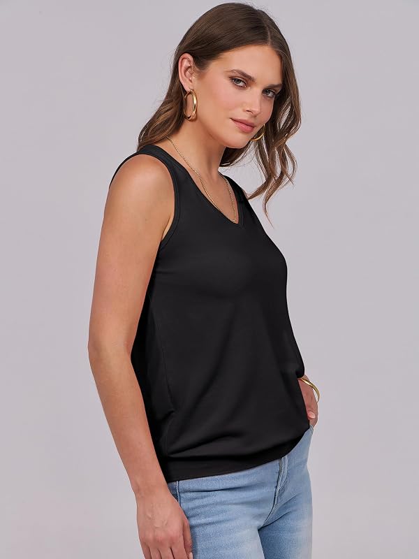 ANRABESS Women Tank Tops Sleeveless V Neck Loose Fit Cami Summer 2026 Black | Cute Trendy Basic Solid Tees, Beach Vacation Travel Outfits, Banded Hem, Casual Going Out Workout Layering Clothes image 3