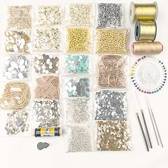 Aari Work Materials Kit Golden Moti Sewing Pin, Sepia, Zari, Zardosi, Mirrors Combo Pack Set of Maggam