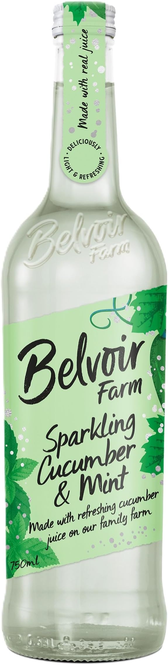 Belvoir Farm Freshly Sparkling Cucumber & Mint - Pressed Cucumber, Garden Mint & Geranium | Pure Fresh Spring Water | 100% Natural Ingredients | Suitable for Vegetarians & Vegans - 6 x 750ml Bottles