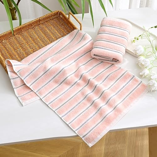 Miniatura 2 de YiLUOMO Juego de 2 toallas de mano de algodón a rayas acanaladas, color rosa, de secado rápido, suaves y absorbentes, 13 x 29 pulgadas
