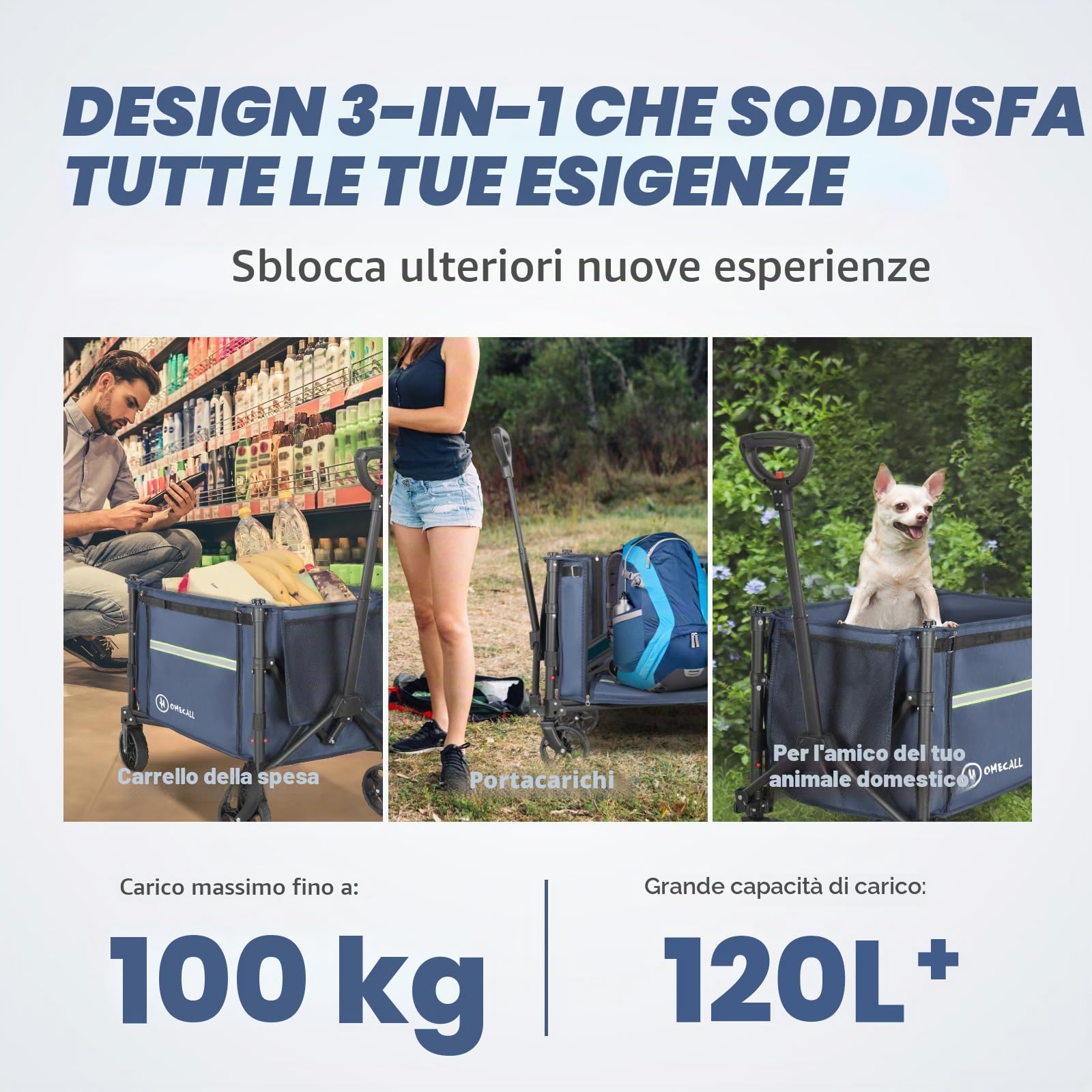 Homecall Carrello pieghevole fino a 100 kg, con strisce riflettenti, manico regolabile, per cani (piccoli), giardino, spiaggia, campeggio, trasporto