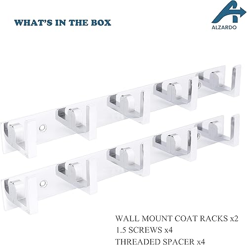 Miniatura 5 de ALZARDO Paquete de 2 percheros resistentes para montar en la pared, estante de acero inoxidable con 5 ganchos en forma de L para abrigos, toallas,