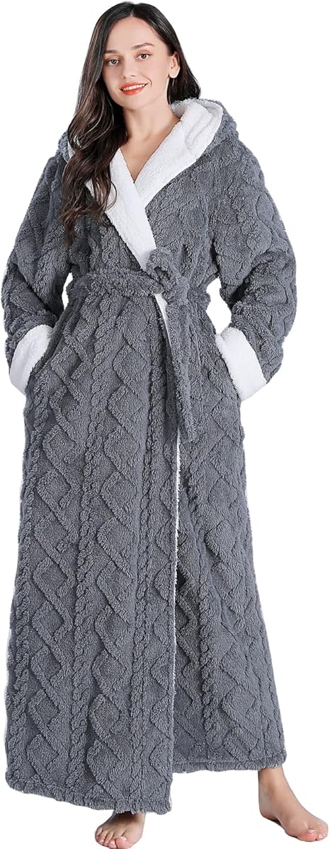 LKG Women Hooded Fleece Robe,Lightweight Plush Warm Winter Bathrobes for Women Full Length