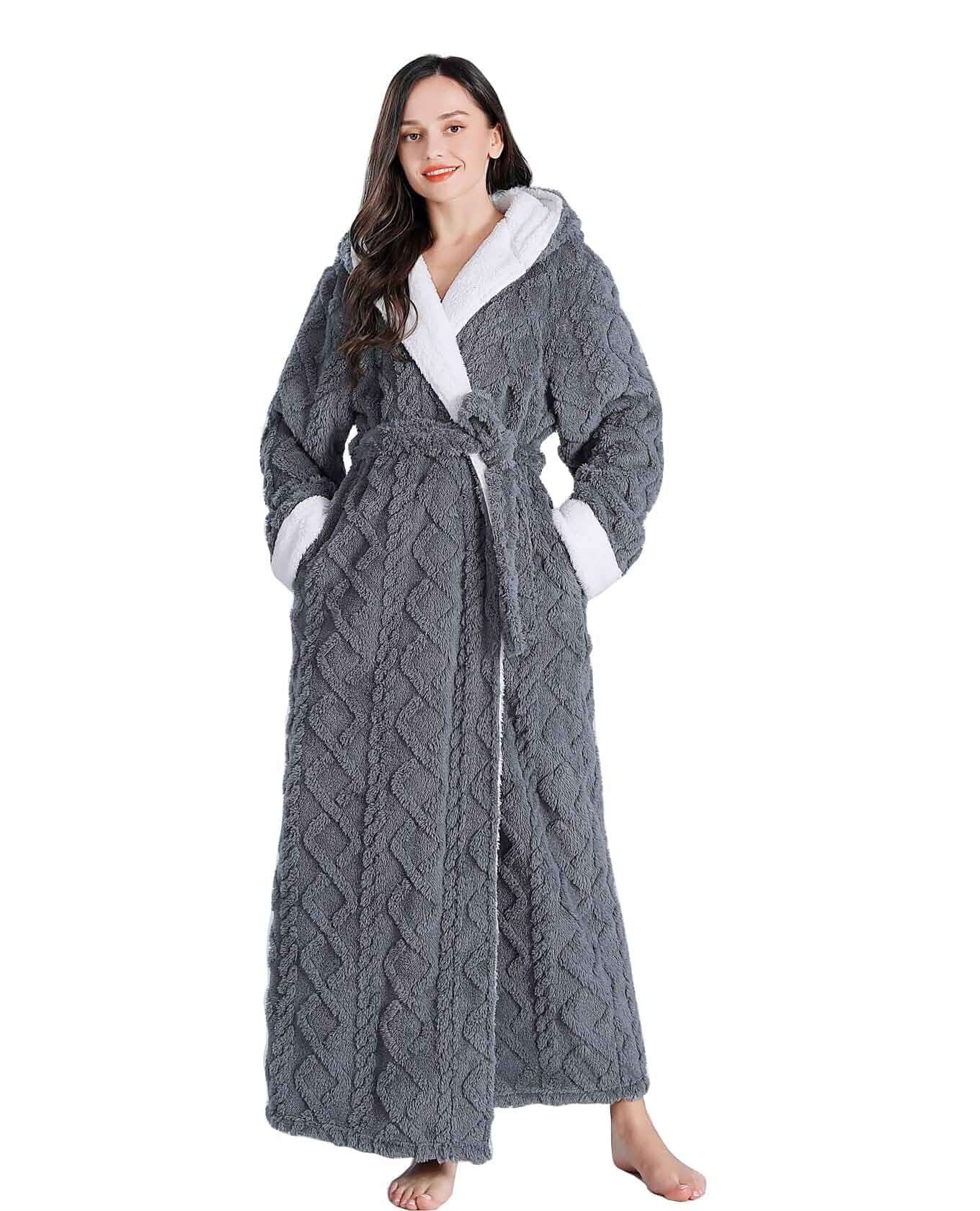 LKG women's robes long plush hooded ladies shower luxury christmas warm fuzzy robes house coat bathrobe for women full length