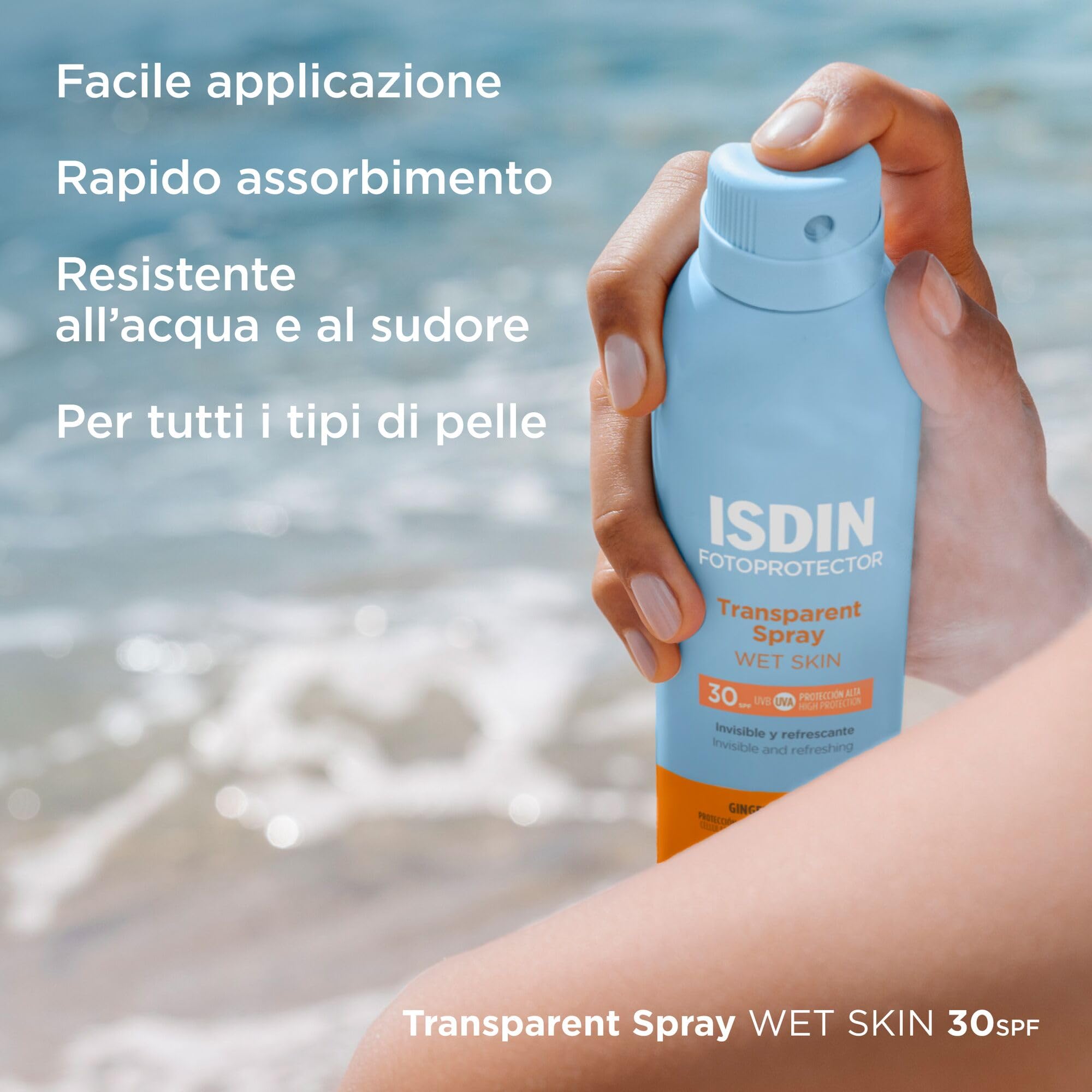 ISDIN Transparent Spray Wet Skin SPF 30 (250ml) | Protezione Solare Spray per il Corpo | Invisibile ed Efficace sulla Pelle Bagnata | Leggero e a Rapido Assorbimento