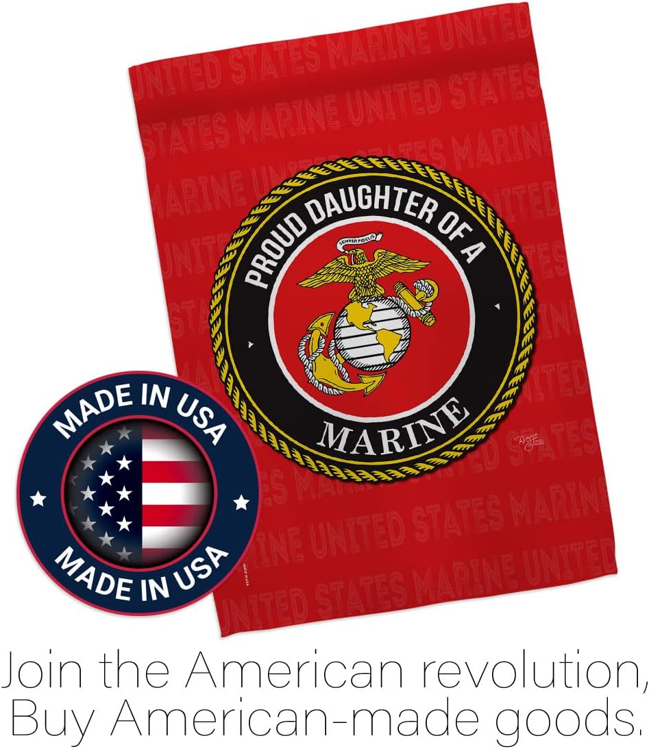 Breeze Decor Proud Daughter Garden Flag Set Wood Dowel Armed Forces Marine Corps USMC Semper Fi United State American Military Veteran Retire Official House Yard Gift Double-Sided, Made in USA