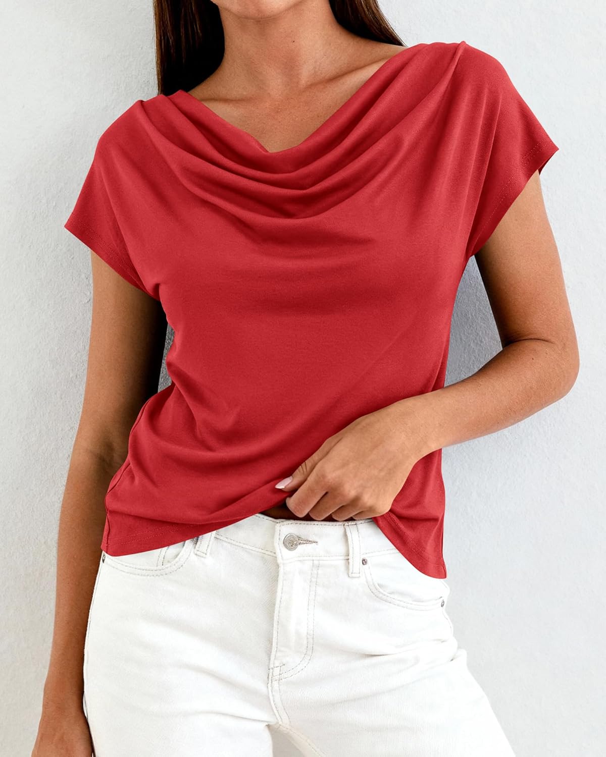 BTFBM Cowl Neck Tops for Women 2026 Spring Womens Tops Dressy Casual Business Blouses Short Sleeve Shirts Summer Outfits - Image 8