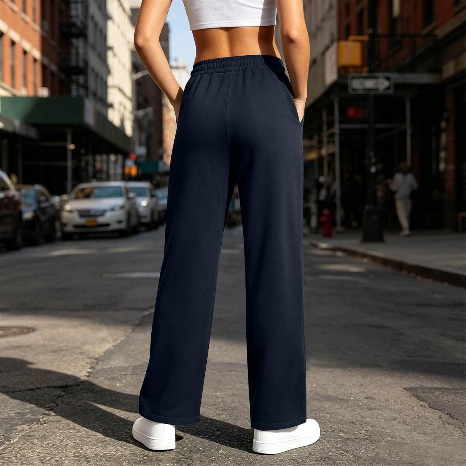 Women Wide Leg Sweatpants Drawstring Waist Pockets Side Slits