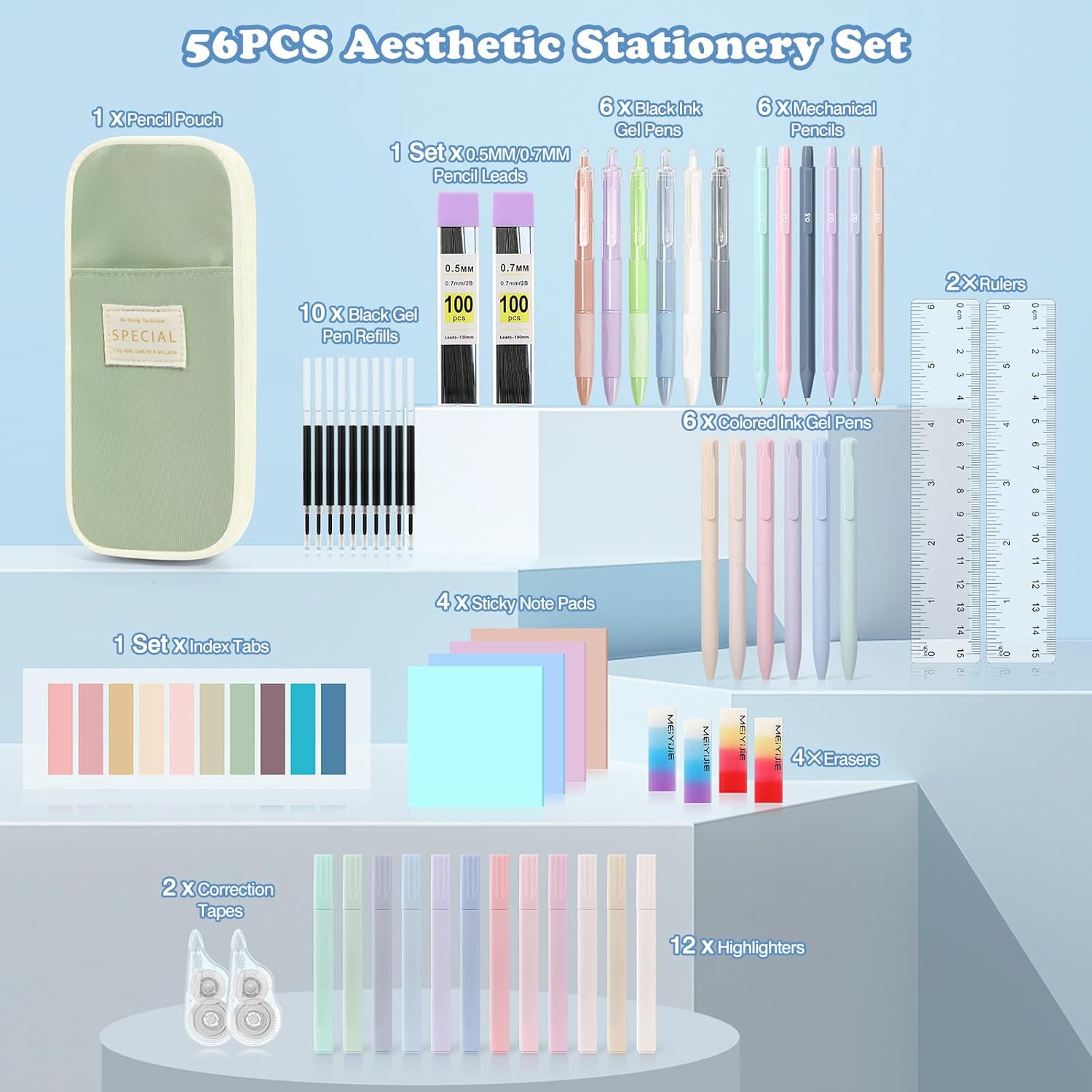 MoKo 56 PCS Aesthetic School Supplies with Pencil Pouch, Cute Stationery Set for Students Office, 12 Gel Pens, 12 Pastel Highlighters, 6 Mechanical Pencils 0.5 & 0.7mm, Sticky Note Index Tab (Green) image 8 of 10 B0F938BNJR