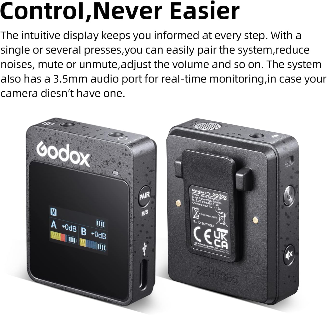GODOX MoveLink II M1 Black Lavalier Microphone (1 TX + 1 RX), 328ft Range, Noise Canceling, Compact Portable, 8 Hours Battery, for Android, PC, Camera, Live Streaming, Interview, Recording Vlog