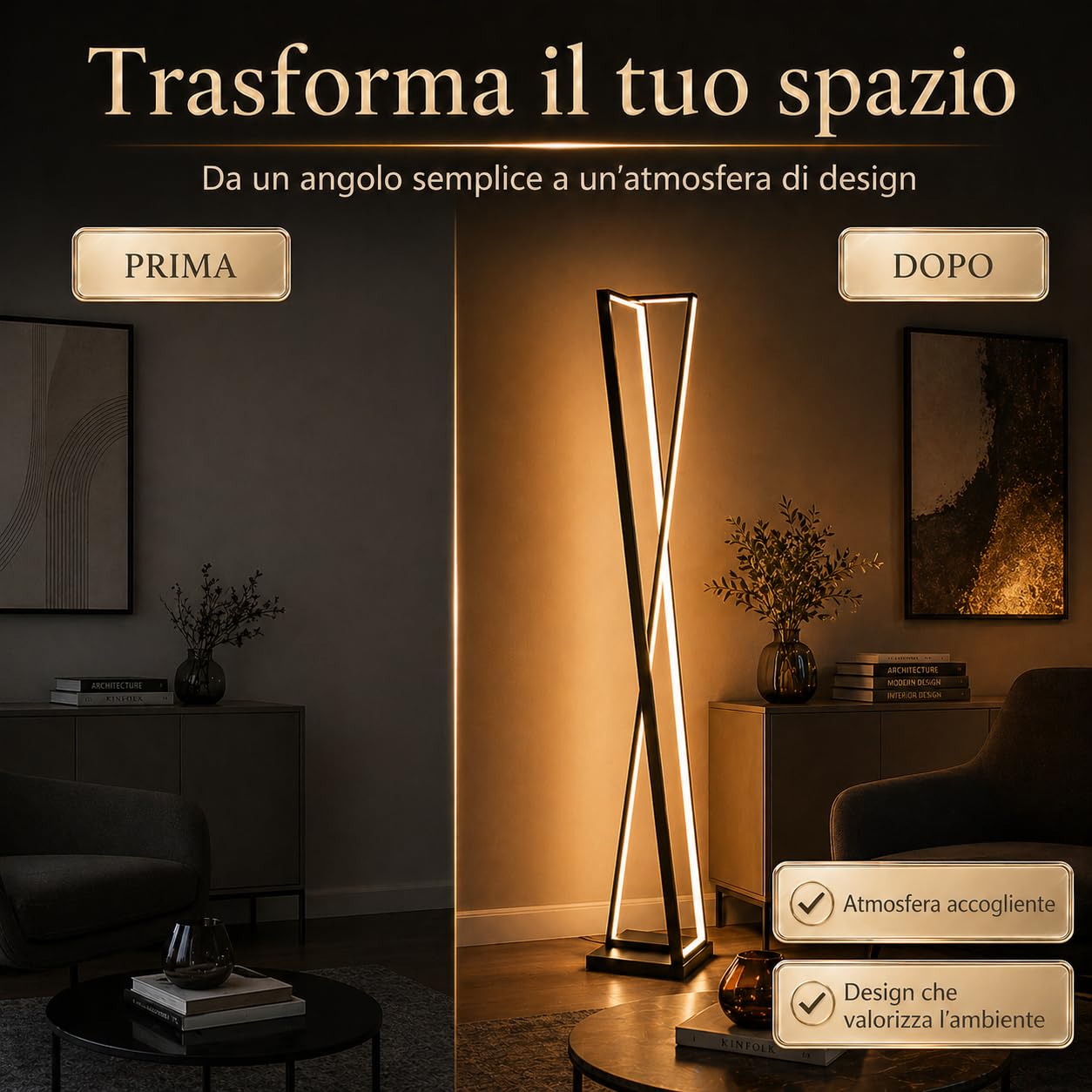 Arcadia Lampada da Terra LED Moderna Forma di Clessidra | Piantana Design Contemporaneo | Luce Calda/Fredda | Lampada Salotto Camera da Letto Studio, Arredo Interni Elegante 125 cm 3000 Lumen (Nero)