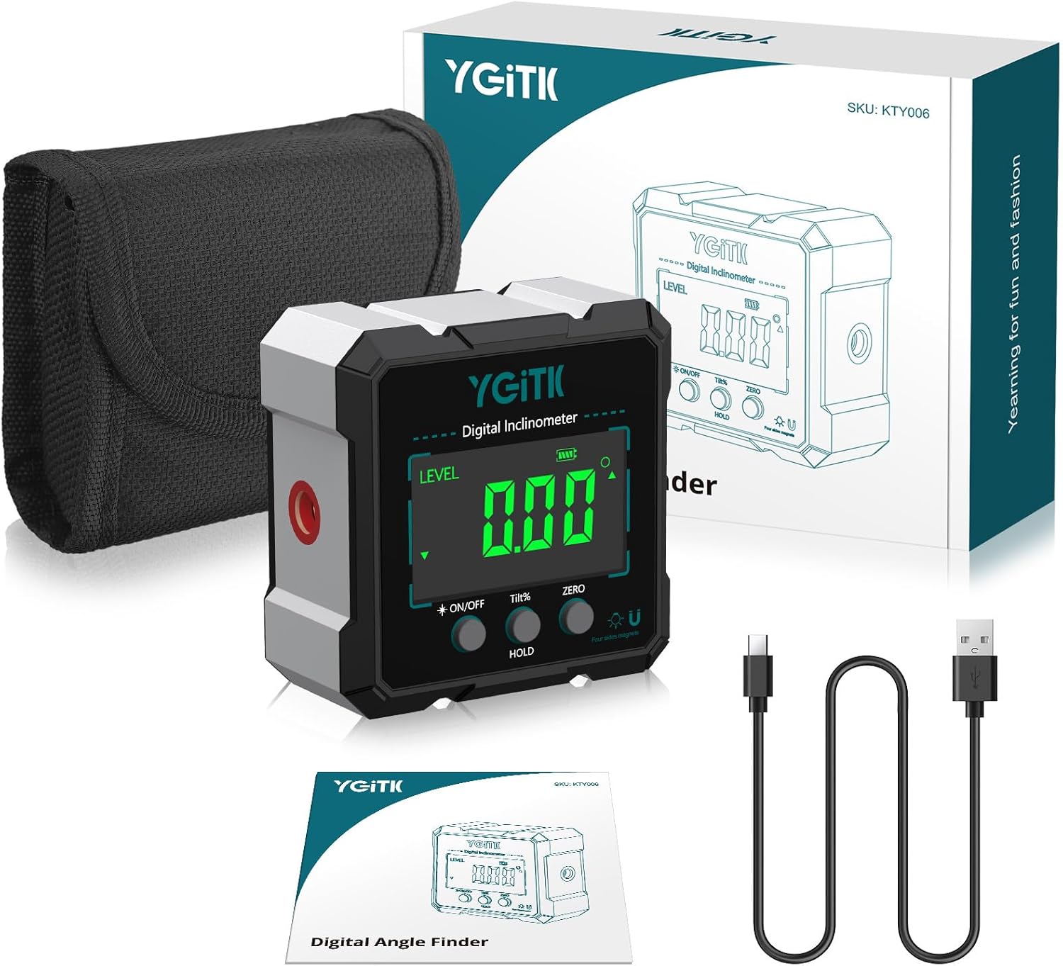YGiTK Digital Inclinometer KTY006 with its packaging, Type-C cable, and carrying bag