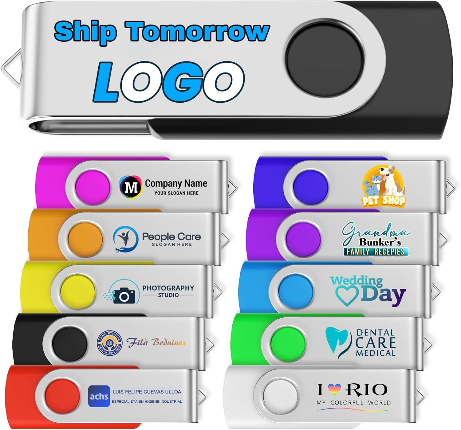 4GB 10Pcs Custom Personalized USB 2.0 Flash Drive, Bulk Promotional USB Thumb Drives with Metal Keychains, Printing Your Text & Logo on Double-Sided for Office/School/Company ADs/Photography