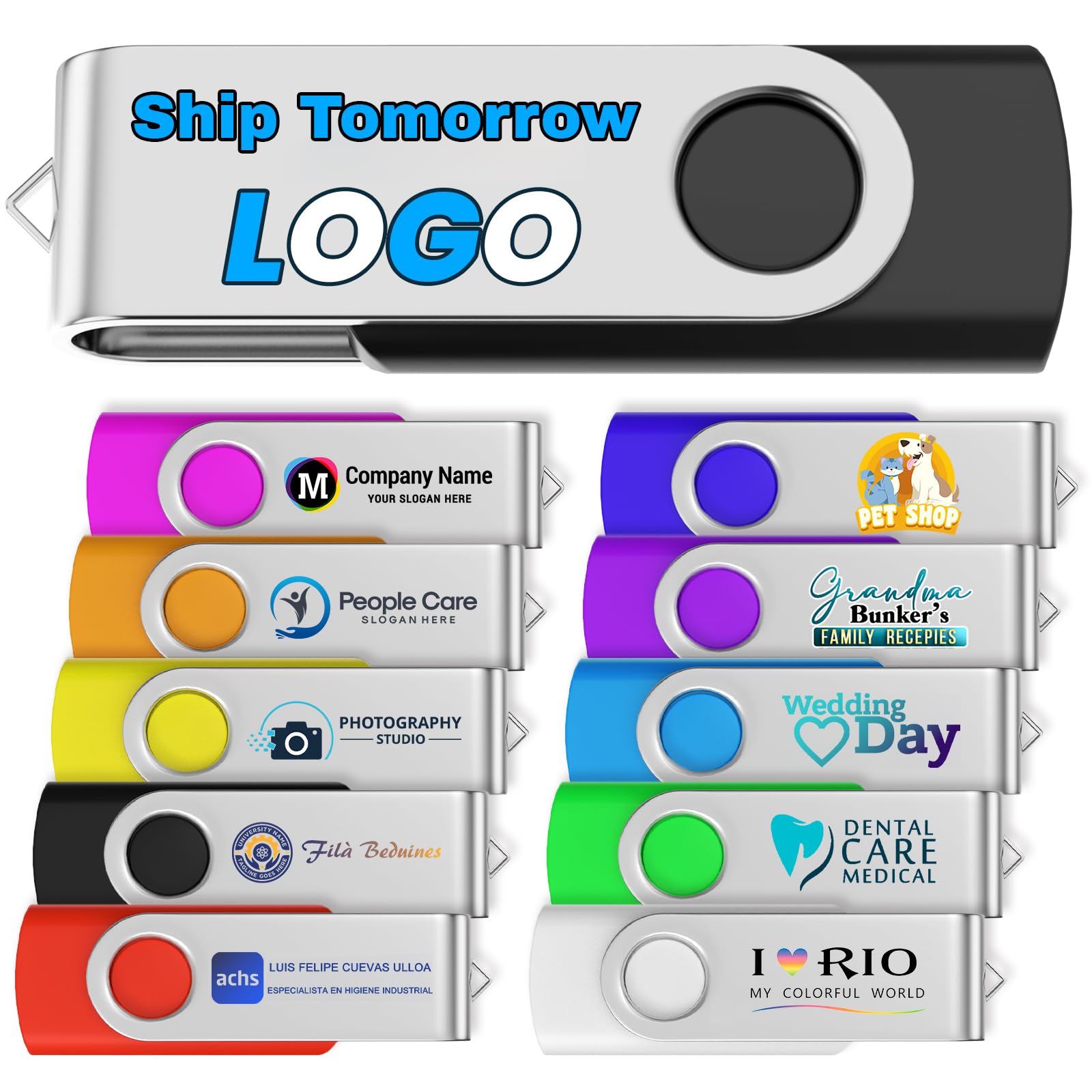 4GB 25Pcs Custom Personalized USB 3.0 Flash Drive, Bulk Promotional USB Thumb Drives with Metal Keychains, Printing Your Text & Logo on Double-Sided