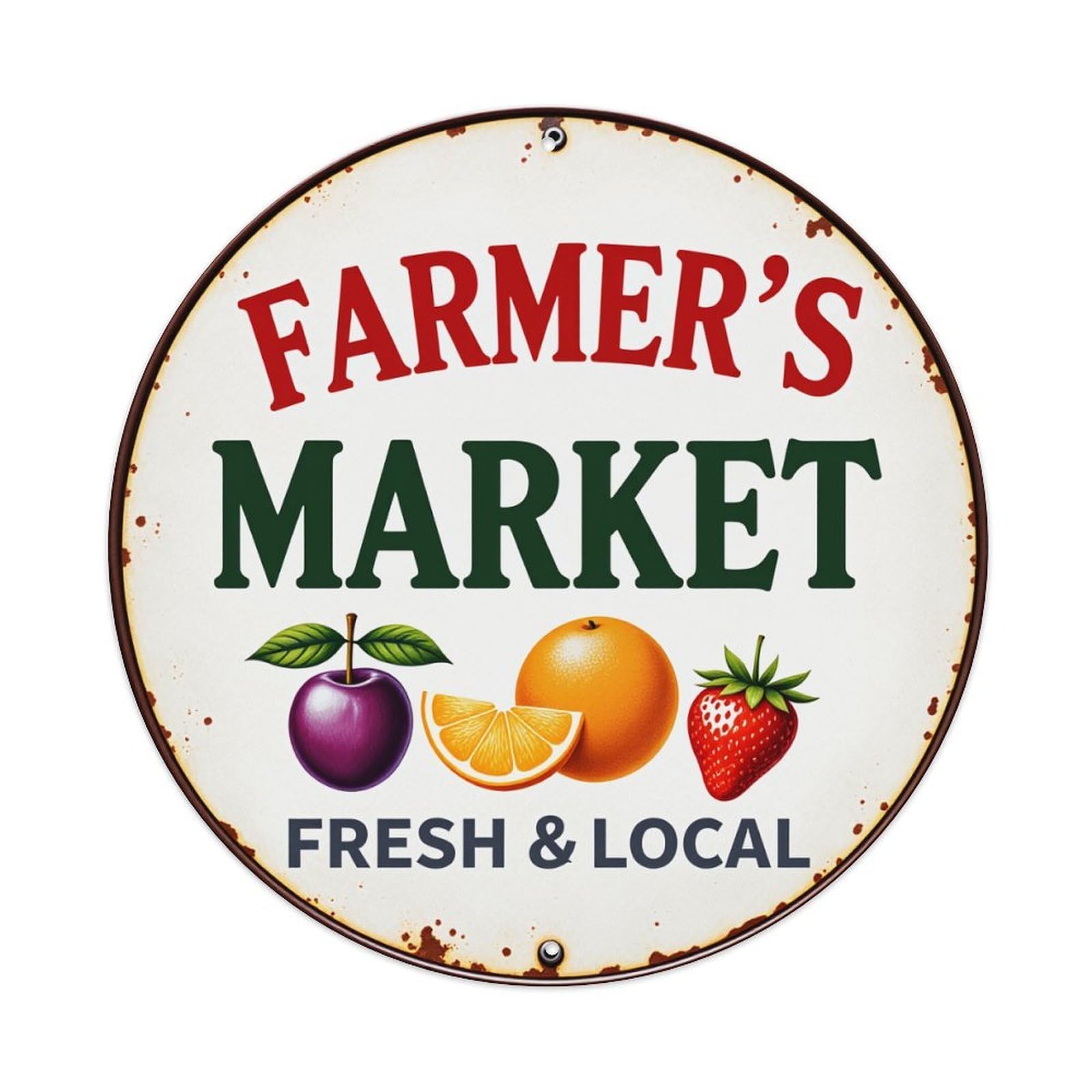 Farmer's Market Fresh Local Fruits Round Tin Sign Vintage Style Metal Sign Home Bar Garden Wall Plaque Decor Metal Poster 8x8 Inch