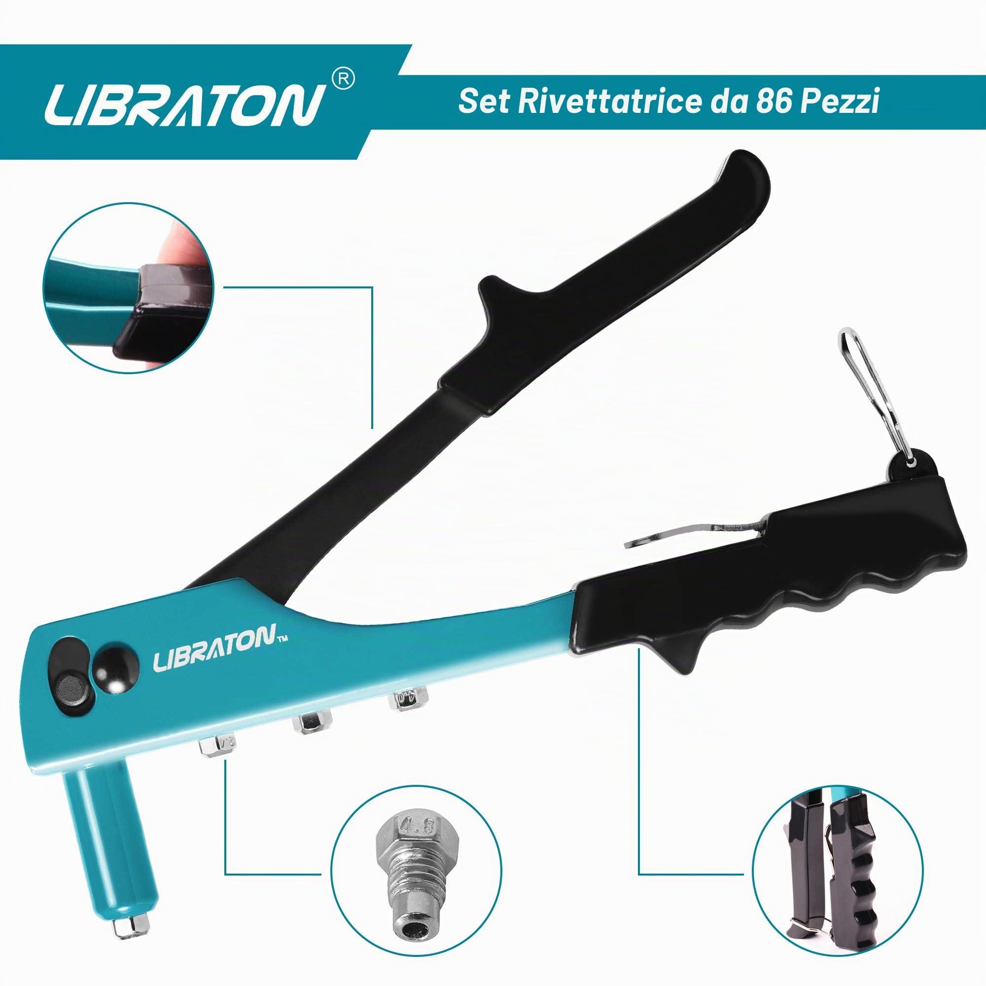 Libraton Rivettatrice Manuale 80 Pezzi Rivetti con 4 HSS Teste Intercambiabili, Rivettatrice Professionale per Automobili, Ferrovie, Mobili, Strumenti