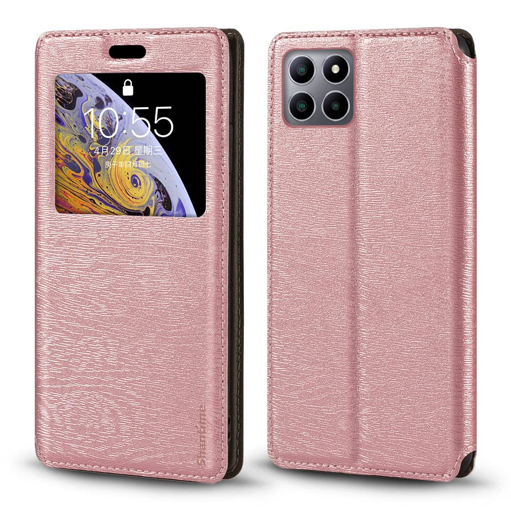 Shantime for Boost Mobile Celero 5G+ Case, Wood Grain Leather Case with Card Holder and Window, Magnetic Flip Cover for Boost Mobile Celero 5G Plus (7”) Rose Gold