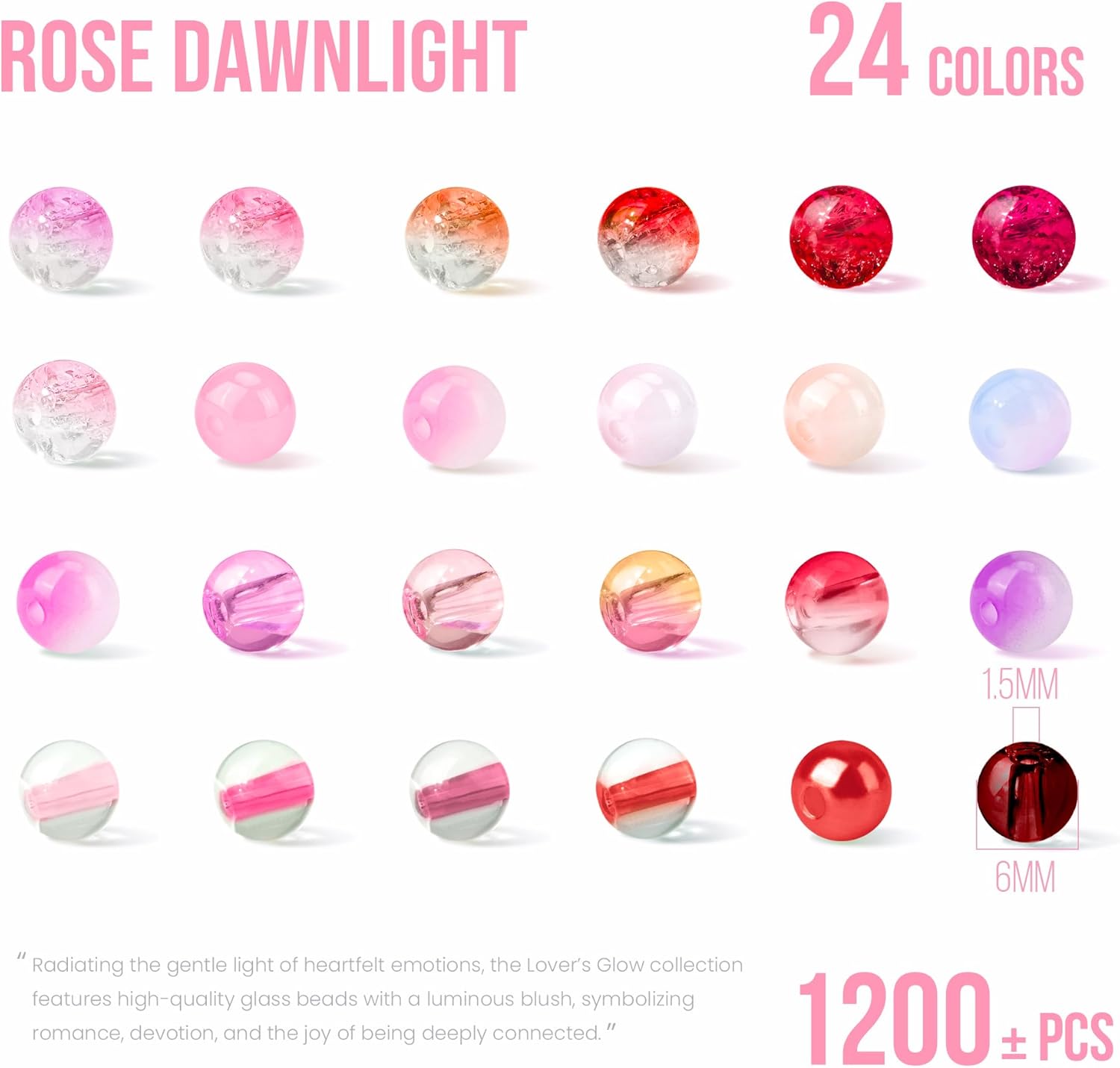 1200PCS 6mm Valentine's Day Glass Beads for Bracelets, 24 Colors Red and Pink Series Crystal Beads for Jewelry Making and DIY Crafts Valentines Party Decoration Necklace Romantic Accessories - Image 2