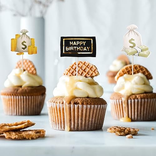 Miniatura 5 de Juego de 10 decoraciones para tartas de feliz cumpleaños, letrero de billete de dólar, decoración temática de dinero para fiesta de cumpleaños,