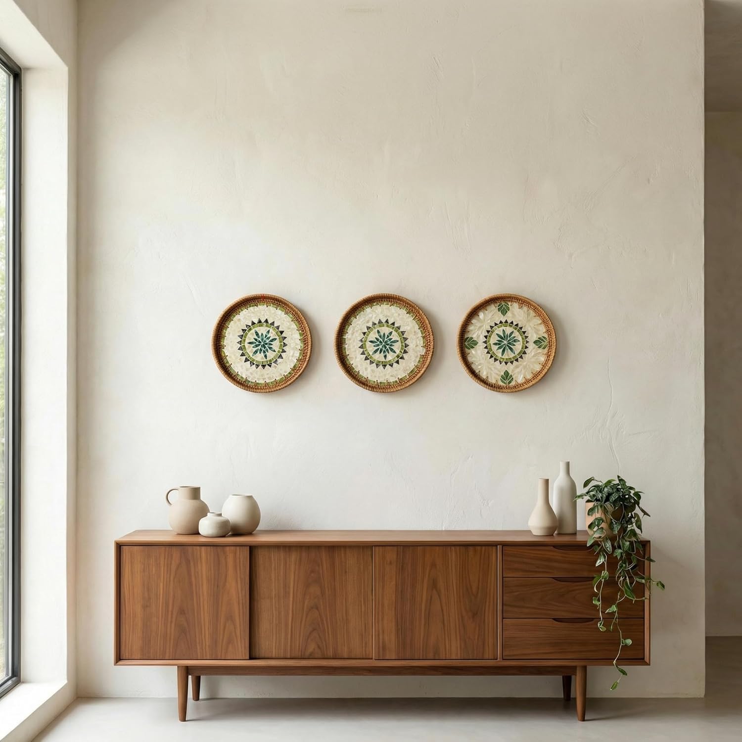 Bohemian Handwoven Rattan Tray with Mother of Pearl Inlay, 30cm Round Decorative Tray, Wooden Base Serving Tray for Breakfast, Vanity, Coffee Table & Wall Hanging Decor (Green Sun)