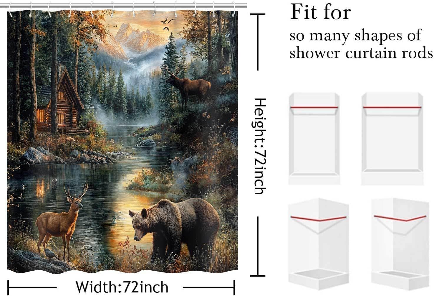 Rustic Shower Curain, Country Cabin Woodland Bear Moose Deer Bathroom Accessories, Farmhouse Hunting Camp Fabric Shower Curtains for Bathroom Decor, with Hooks 72x72 Inch
