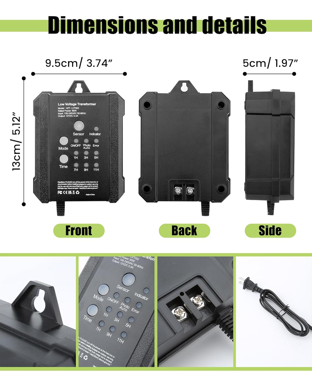 65W Low Voltage Transformer, Outdoor Low Voltage Landscape Transformer with Timer & Photocell Sensor, 120V AC to 12V DC Waterproof Power Supply for Landscape Lighting, Spotlight, Deck Lights