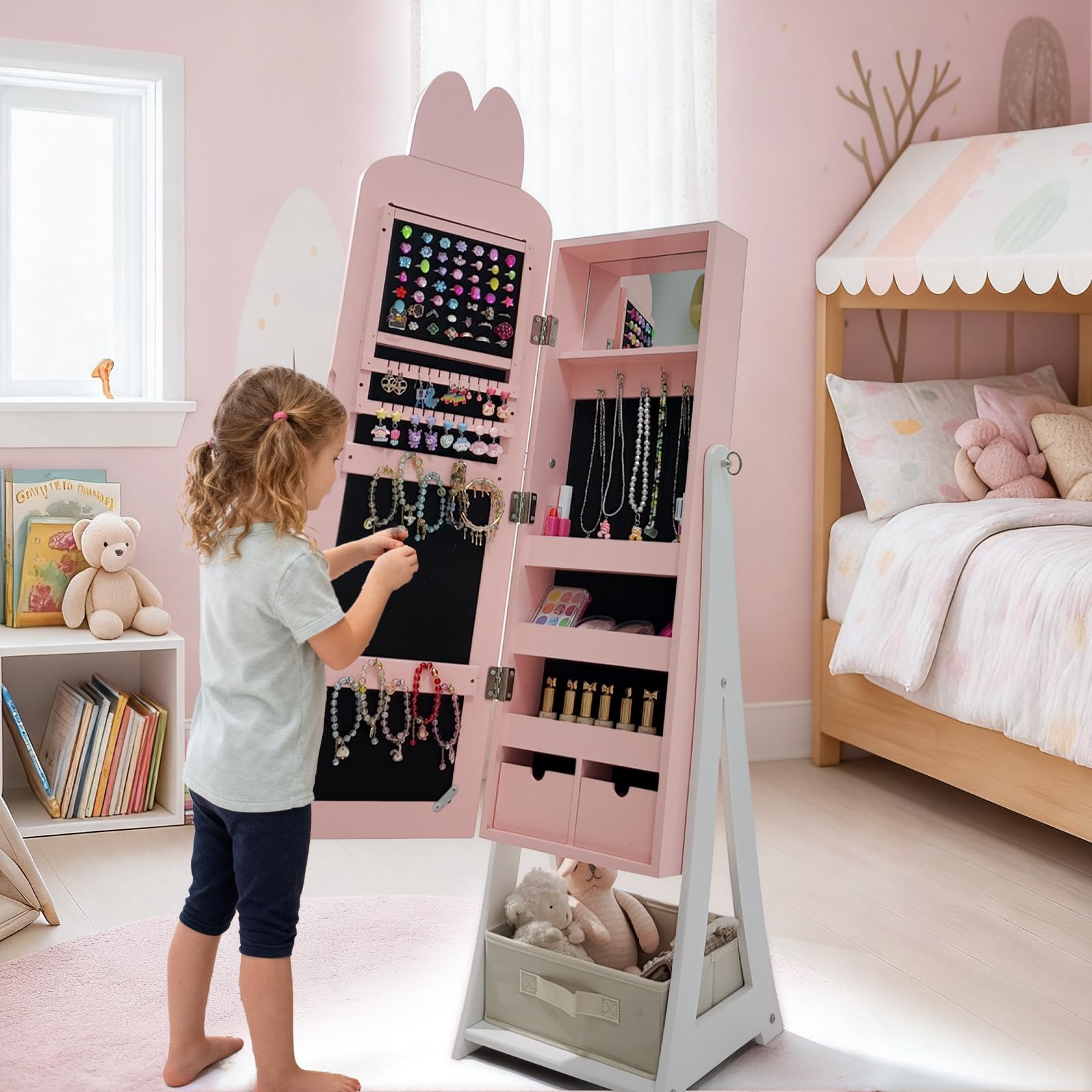 LEADZM Kinder Schmuckschrank mit Spiegel，Schmuckschrank Hängend， 3-in-1 Spiegelschrank mit Ganzkörperspiegel & Aufbewahrungskorb，Für Kinderzimmer Geeignet，Hasenstil，für Kinder ab 3 Jahren（Rosa）