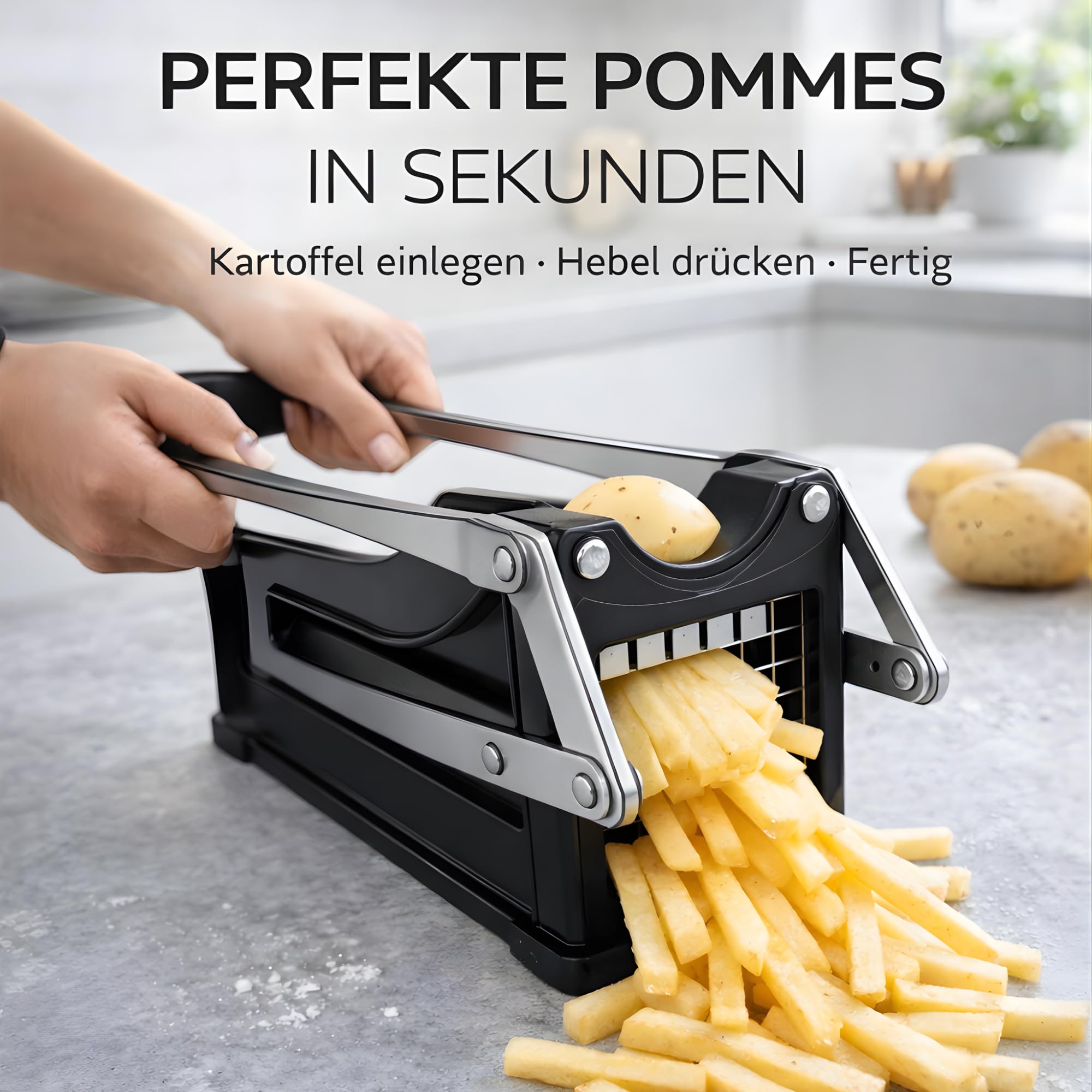 Thiru Premium Pommesschneider mit starker Schneidkraft - Note "sehr gut" - 100 Tage testen - Kartoffelschneider & Gemüseschneider für Pommes, Süßkartoffeln & Obst - mit 2 Edelstahlklingen & Saugfuß