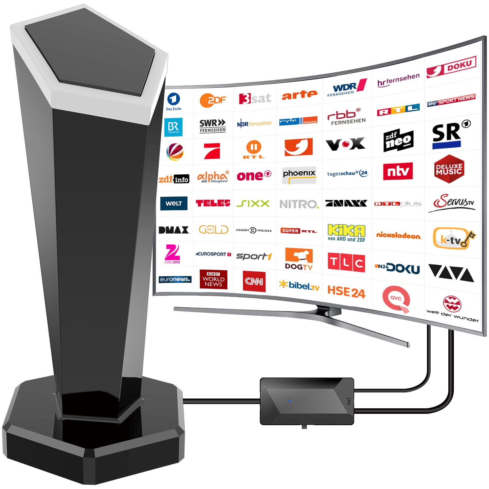 Antenne DVBT/DVBT2 avec amplificateur – Antenne HDTV d'intérieur pour téléviseur et base magnétique, portée de réception du signal 420 km et réception complète à 360°, prend en charge les canaux HD 4K