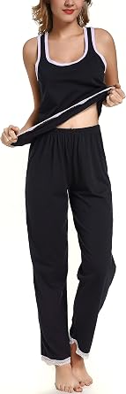 Women Sleepwear Soft Sleeveless Cotton Pajama Sets with Lace Trim