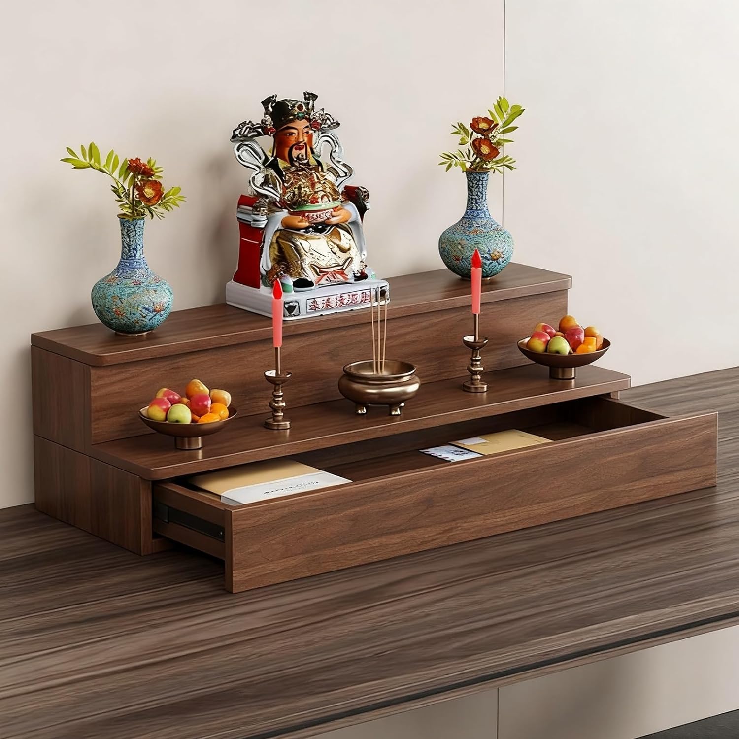 Desktop Buddha statue stand, Shrine Altar Table,Wood Temple Meditation Table,Chinese Style Guan Gong God of Wealth Pagoda Shelf,Customizable(Double-layer with drawers,100*15*20cm/39.3*5.9*7.8in)