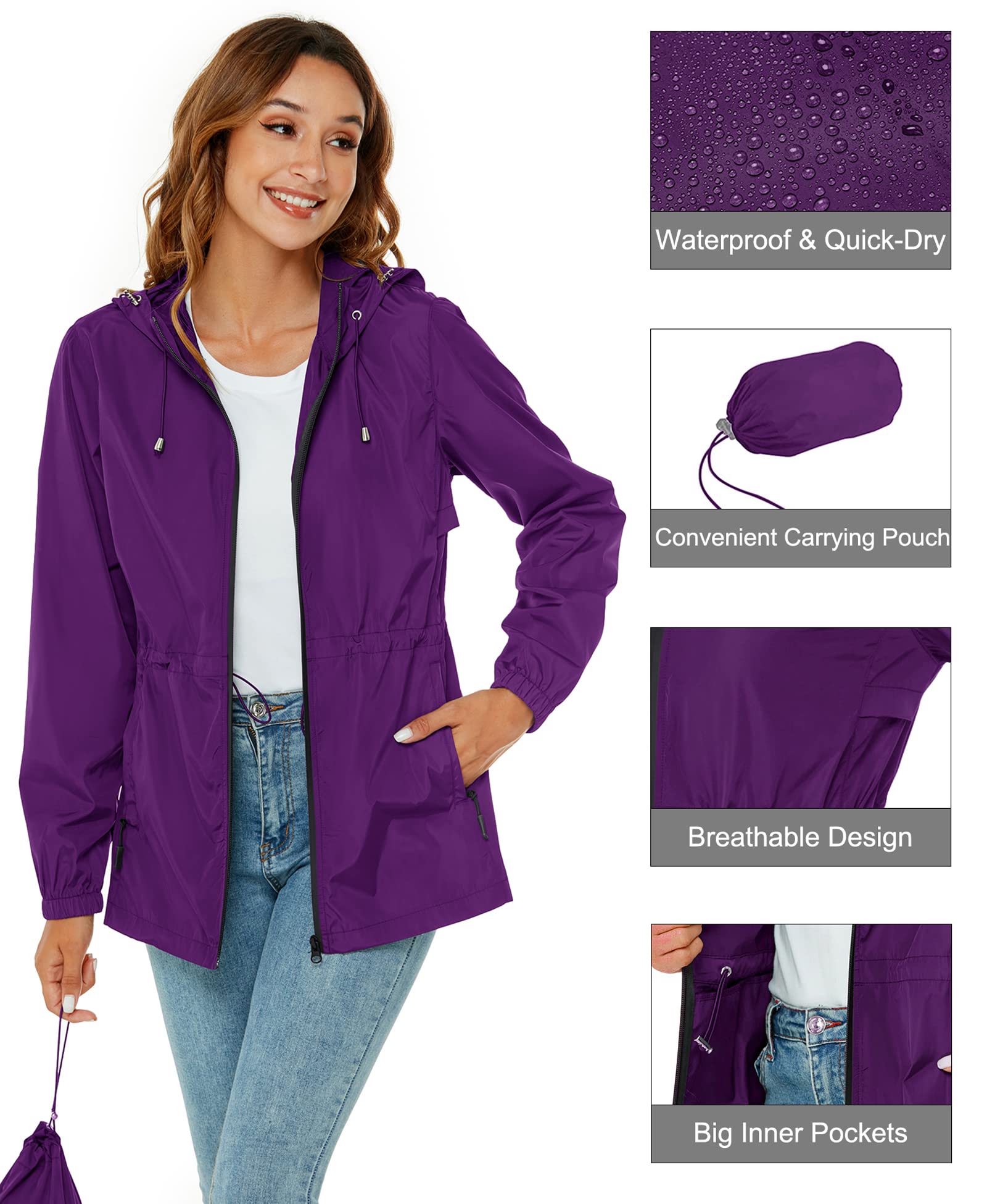 Rapbin Impermeabile da donna giacca impermeabile leggera cappotti antipioggia all'aperto trench cappotto pieghevole con cappuccio impermeabile con tasca