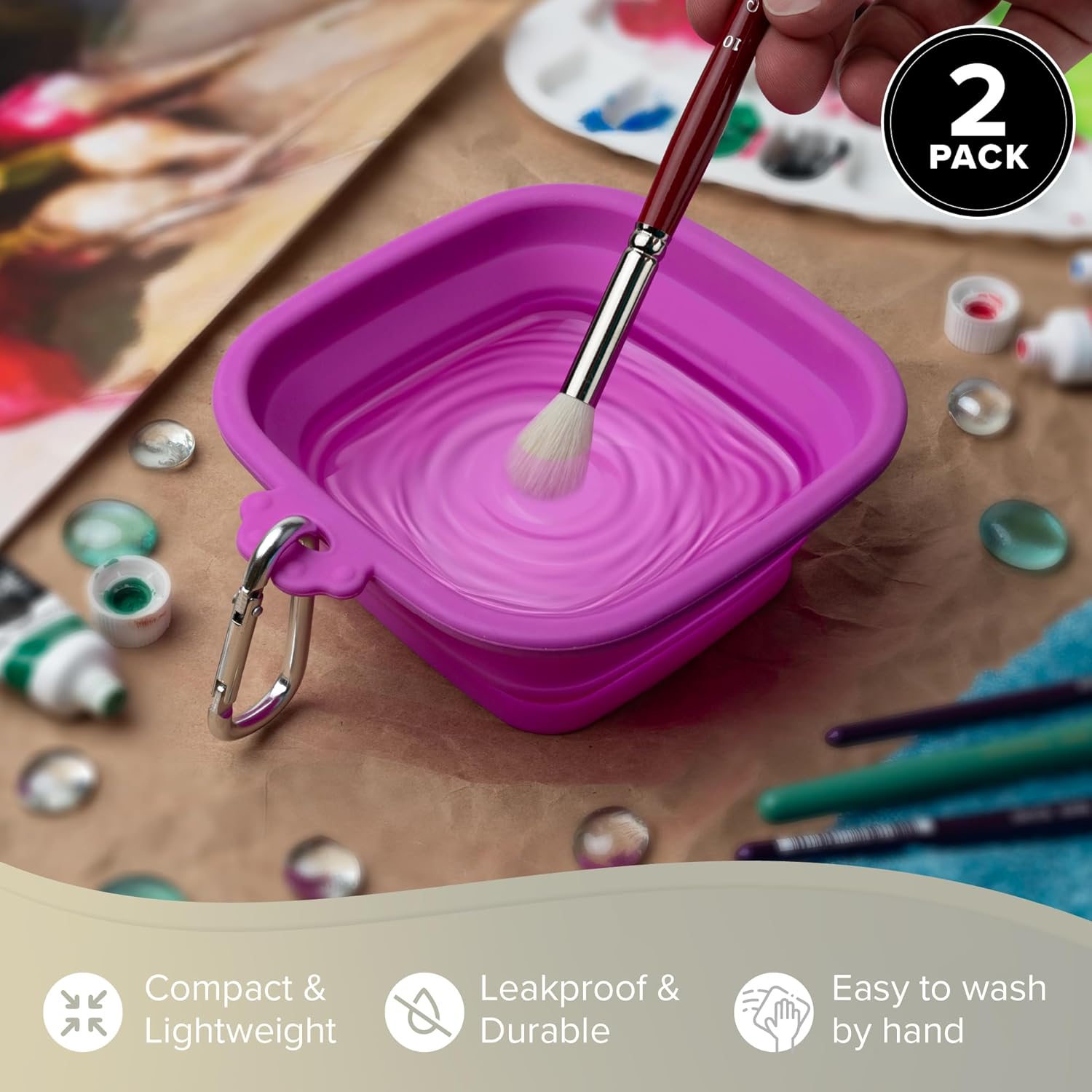 Silver Brush Limited 9058 Silver Essentials 500ml/16.9oz Square Collapsible Silicone Water Bowl, Leak-Proof Paint Brush Water Cup for Water Media, for Studio, Travel, and Plein Air, Purple, 2 Pack