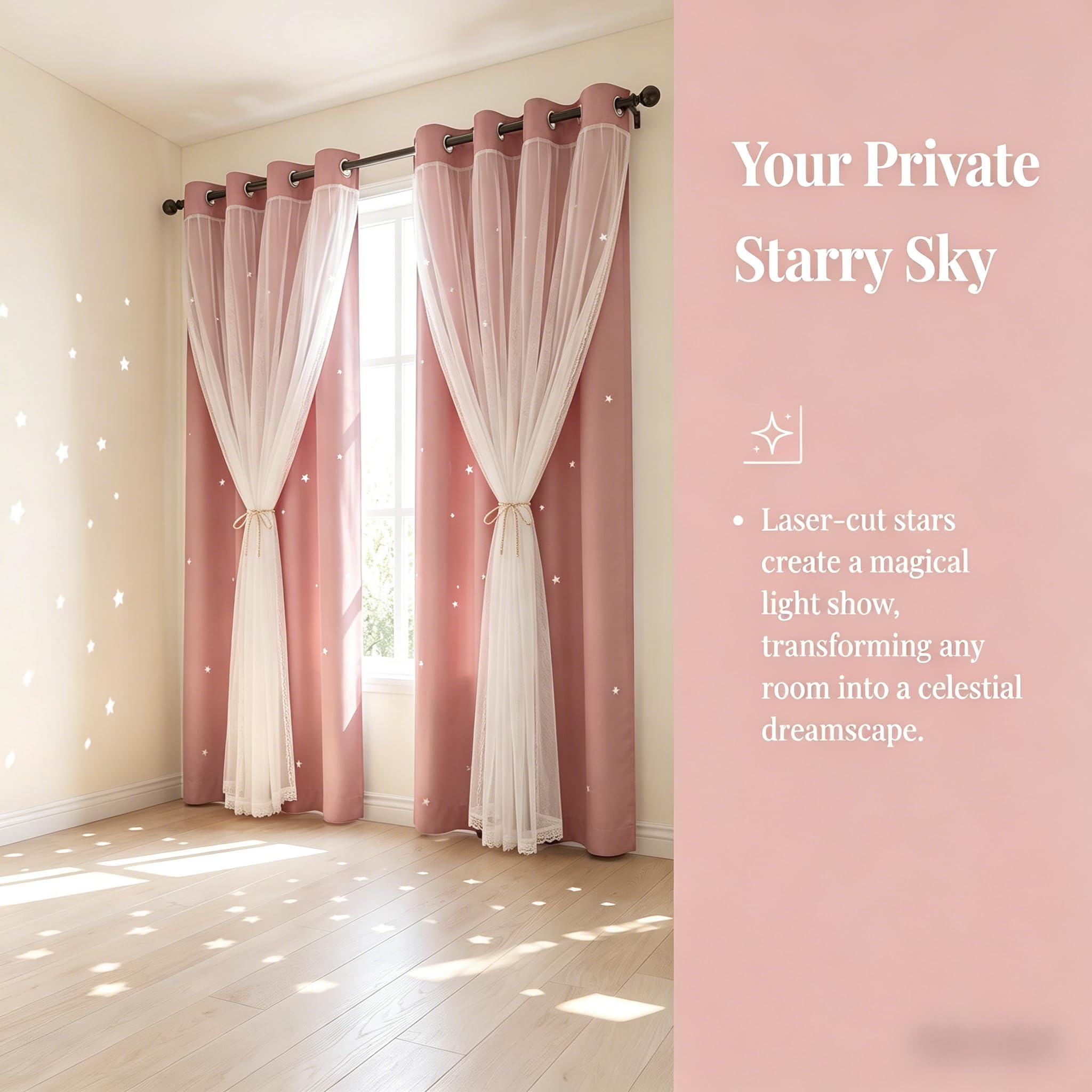 Lot de 2 Rideaux de Princesse pour Chambre de Fille avec Superposition Transparente, Double Couche pour Salon avec découpe étoile, Rideaux pour Chambre d'enfant (177,8 x 241,3 cm, Rose)