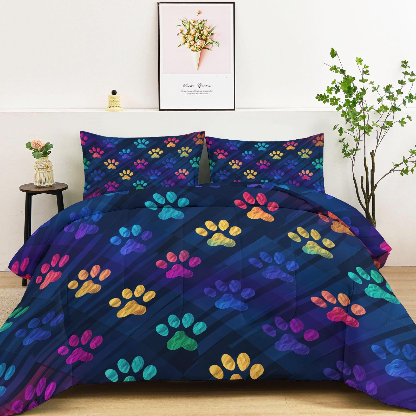 Kołdra 4 pory roku 200x200 cm - bez pokrowca, zima i gorące lato, zmywalne, hipoalergiczne - Nowoczesna minimalistyczna pościel ze śladami łapy psa, ciemnoniebieski