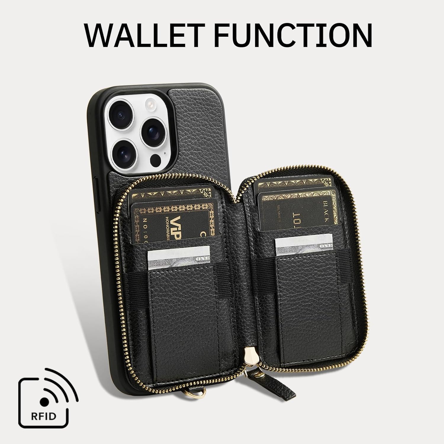 ZVE for iPhone 14 Pro Max Wallet Case, Phone Case with RFID Blocking Card Holder Wrist Strap, Zipper Leather Handbag Gift Cover for Women Compatible with iPhone 14 Pro Max, 6.7"(2022) - Black